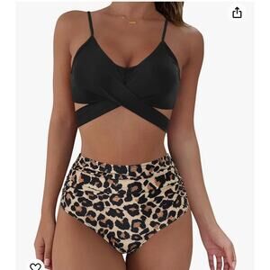 Womens criss cross high waisted bikini wrap cheetah print swimming suit womens L